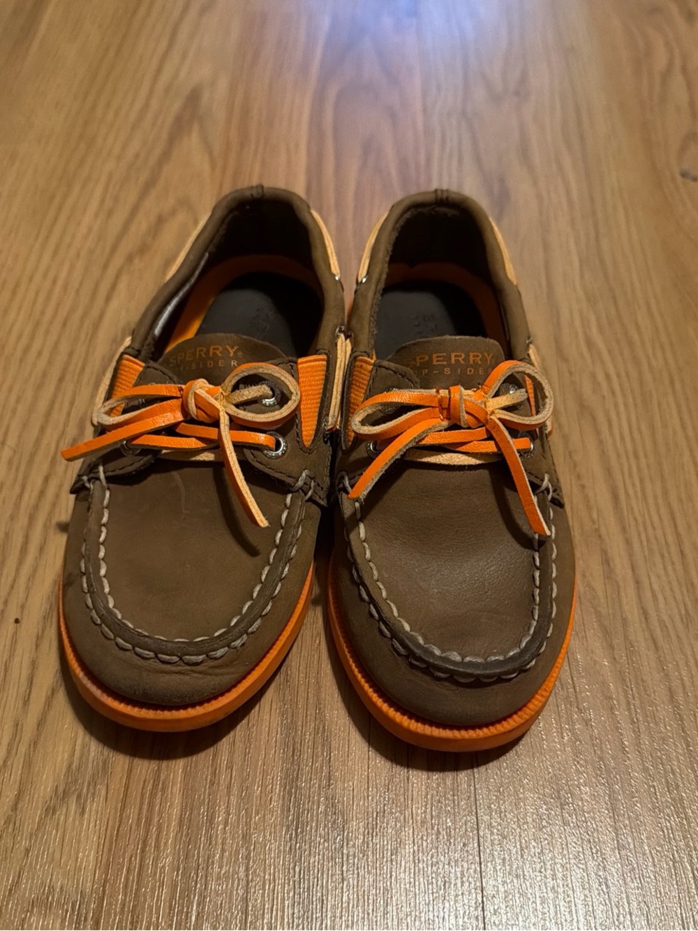 Sperry Brown Leather Boat Shoes with Orange Trim